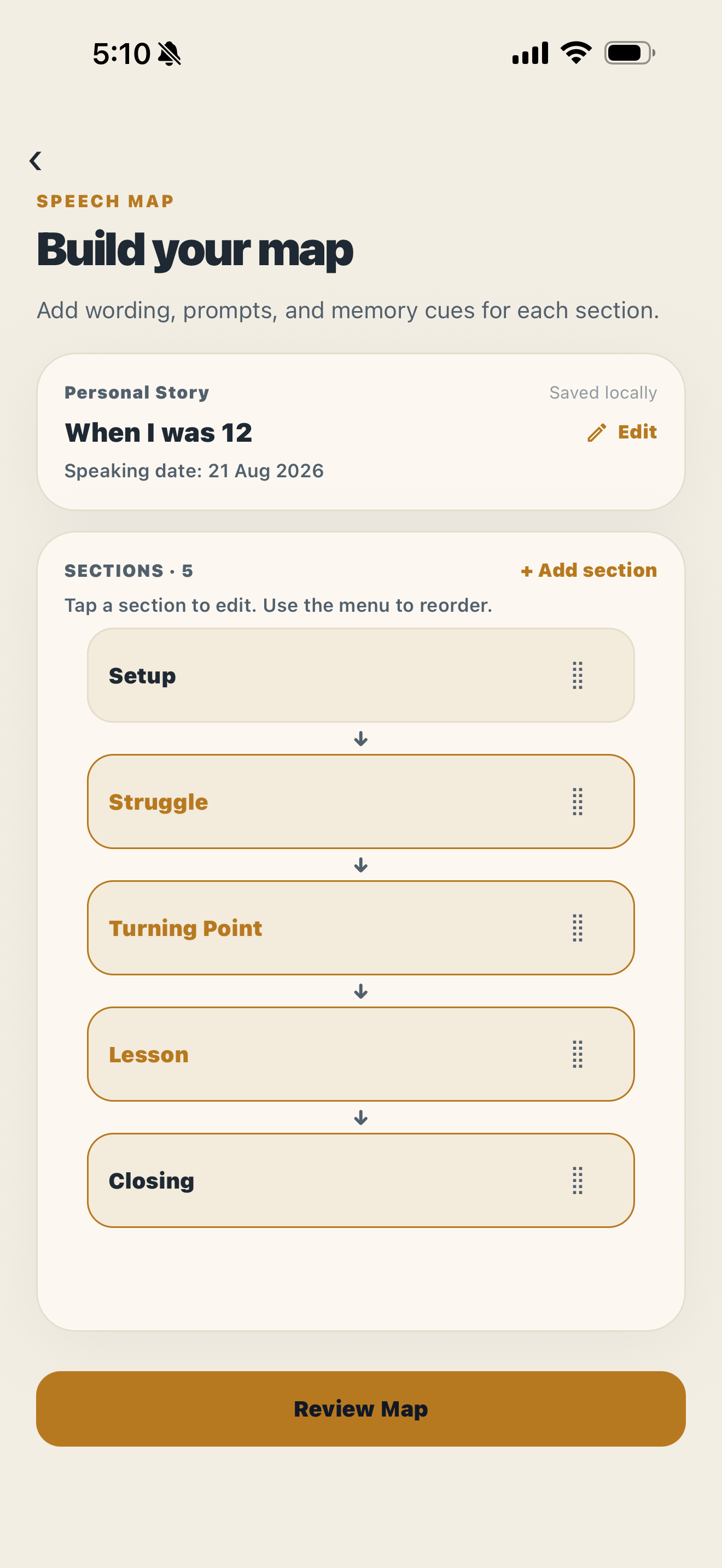 NoScript Build Your Map screen in light mode showing full wording, section prompts, and memory cues for a presentation