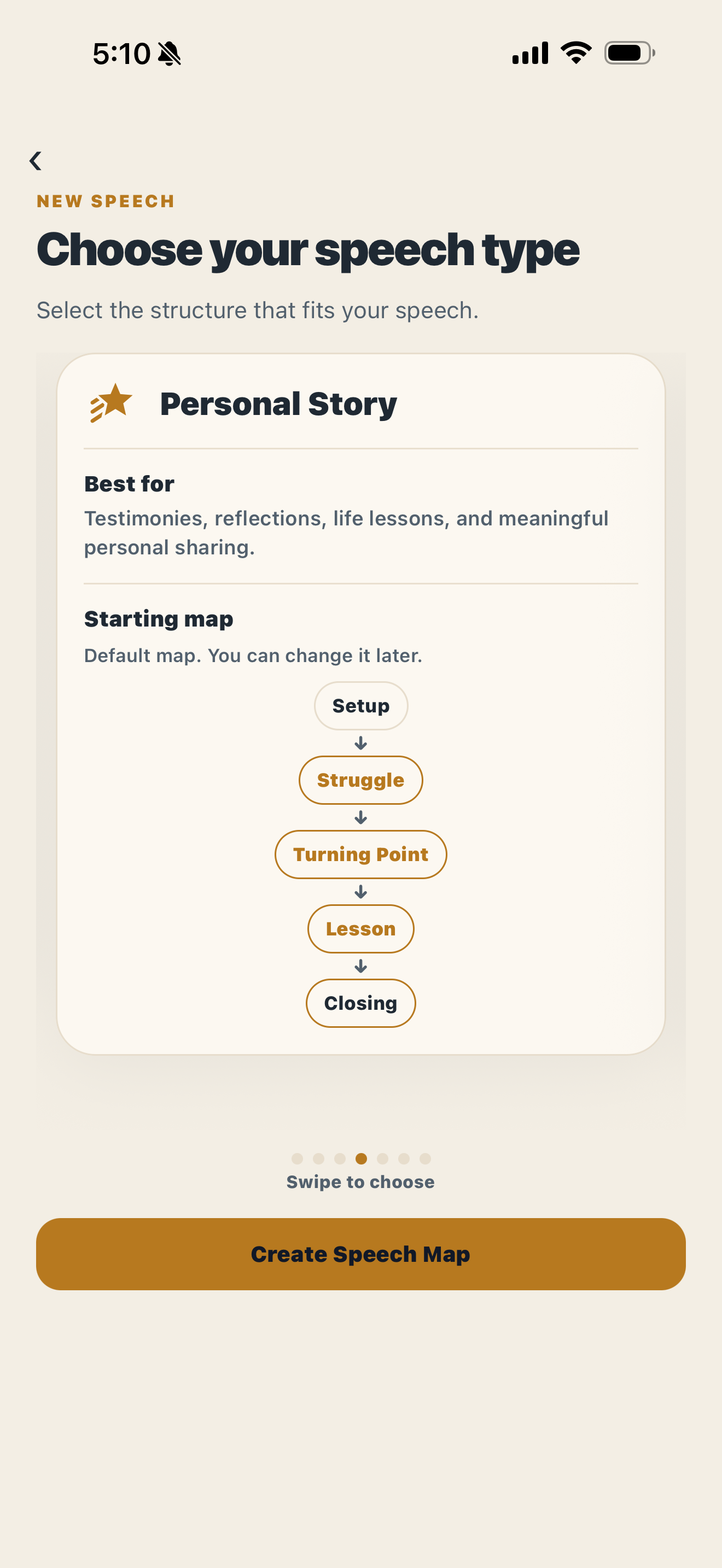 NoScript Choose Speech Type screen in light mode showing speech options for presentations, interviews, stories, and special occasions