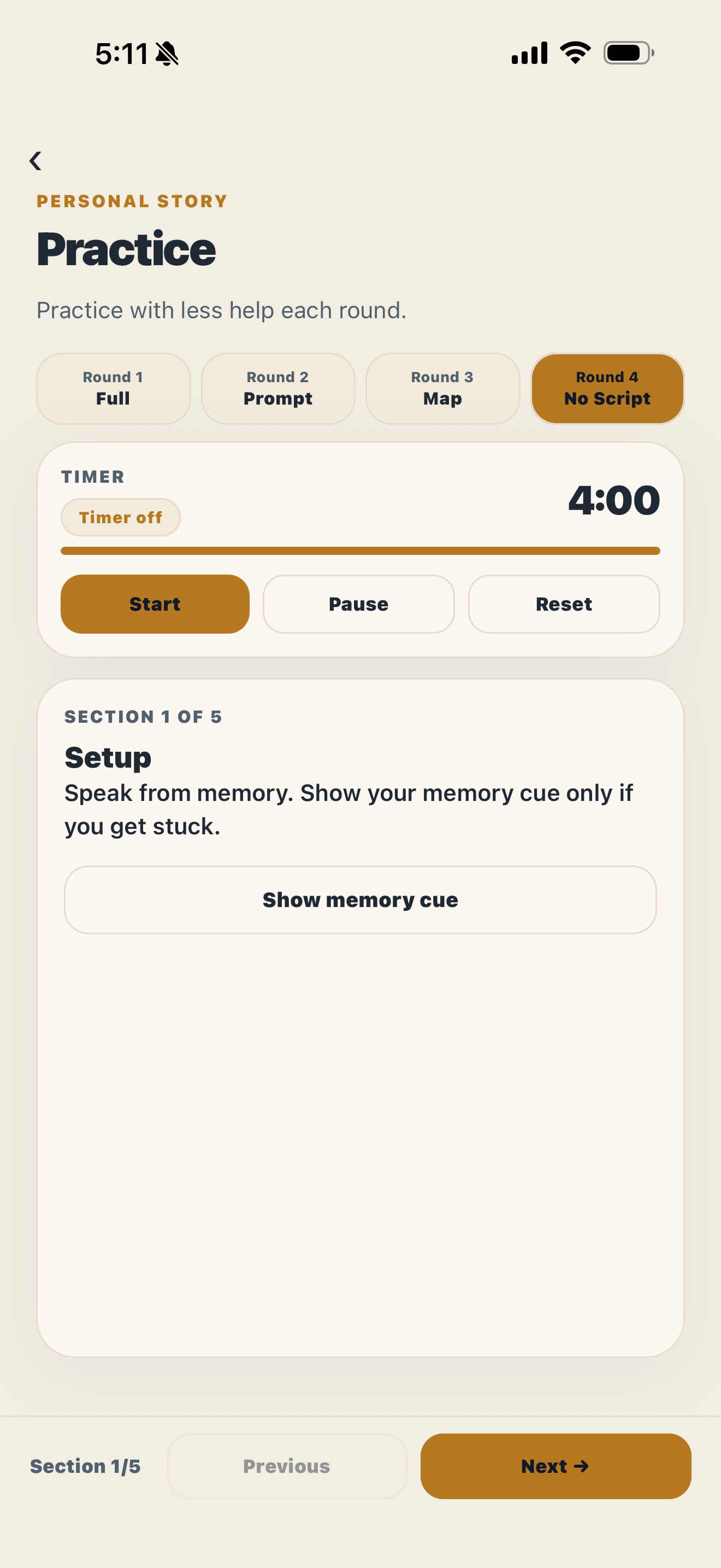 NoScript Practice screen in light mode showing four rounds from Full Script to Section Prompts, Memory Map, and No Script